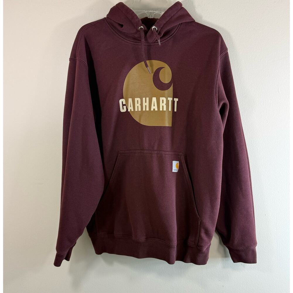 Carhartt Hoodie Mens Large Burgundy Loose Fit Graphic Logo Workwear Pullover